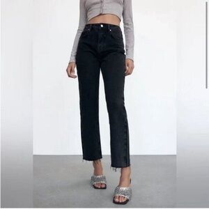 Zara Womens Jeans The Slim Cropped High Rise Raw Hem Denim Black Size 6